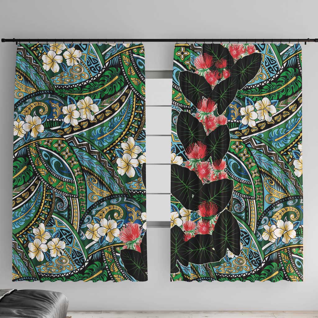 Hawaiian Taro Leaves and Ohia Lehua Window Curtain Polynesian Tribal Art Tropical Plants Motifs Colorful