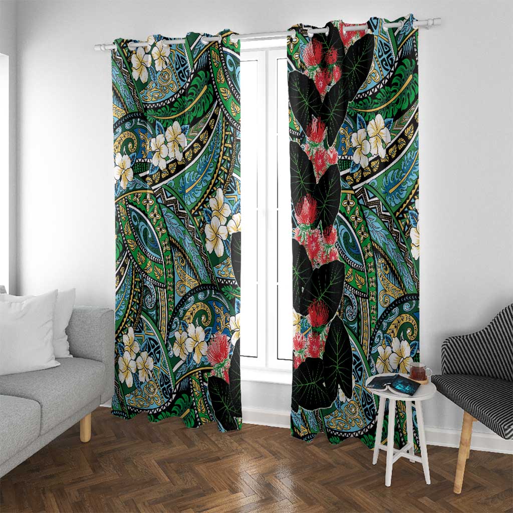 Hawaiian Taro Leaves and Ohia Lehua Window Curtain Polynesian Tribal Art Tropical Plants Motifs Colorful LT03 With Grommets Multicolor - Polynesian Pride