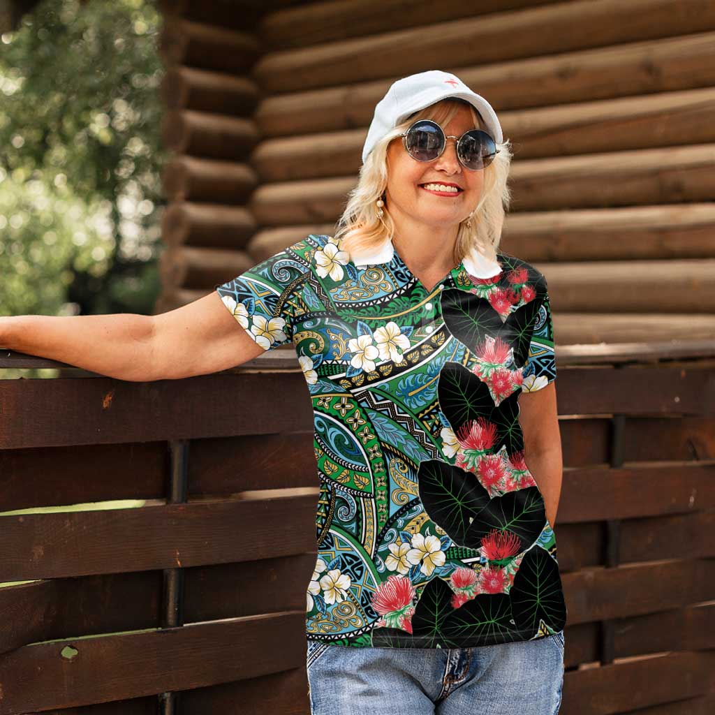 Hawaiian Taro Leaves and Ohia Lehua Women Polo Shirt Polynesian Tribal Art Tropical Plants Motifs Colorful LT03 - Polynesian Pride