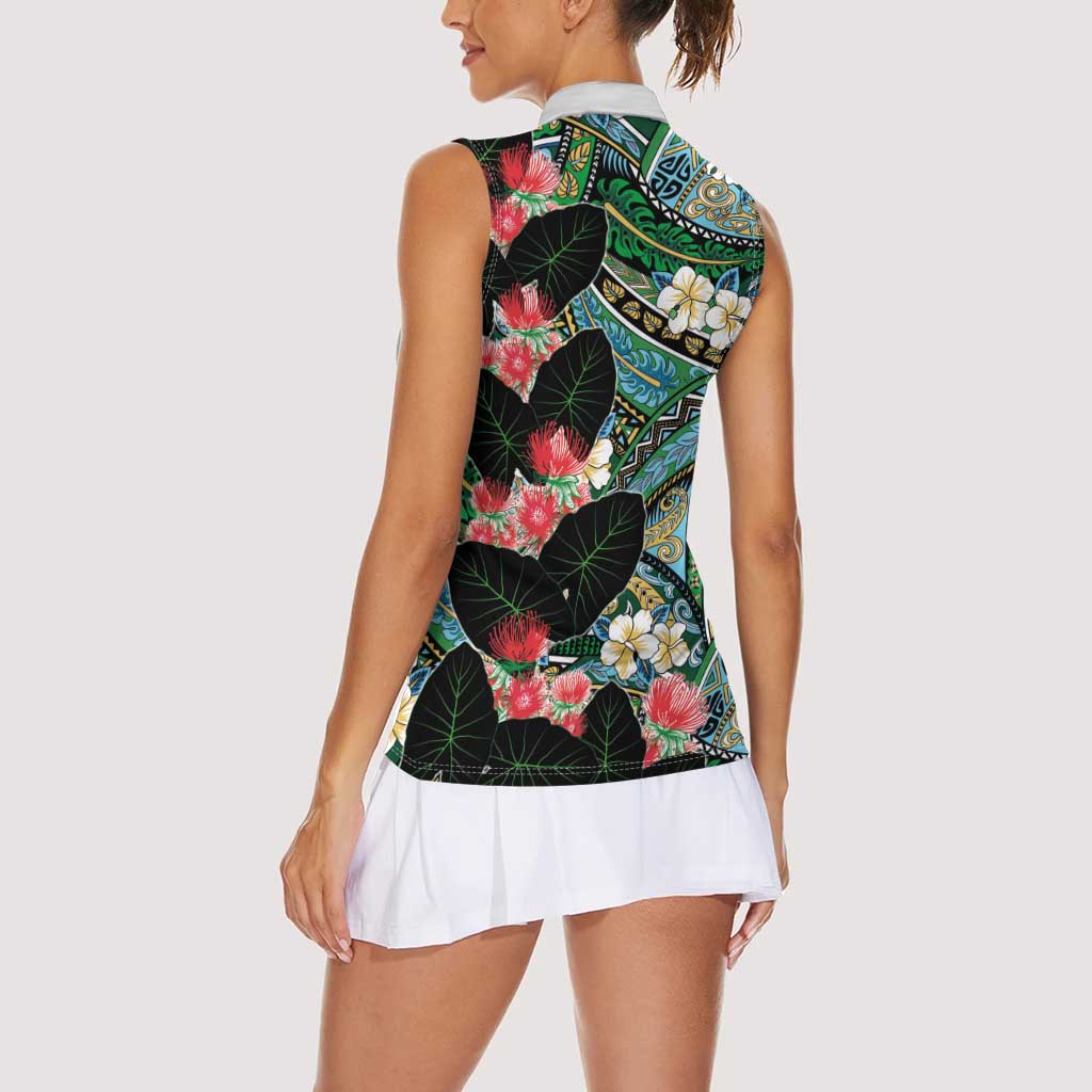 Hawaiian Taro Leaves and Ohia Lehua Women Sleeveless Polo Shirt Polynesian Tribal Art Tropical Plants Motifs Colorful LT03 - Polynesian Pride