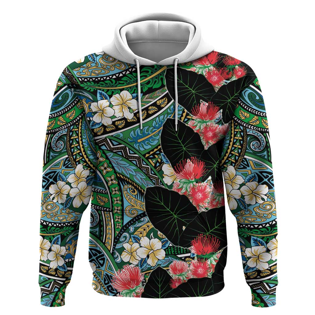 Hawaiian Taro Leaves and Ohia Lehua Zip Hoodie Polynesian Tribal Art Tropical Plants Motifs Colorful LT03 Pullover Hoodie Multicolor - Polynesian Pride