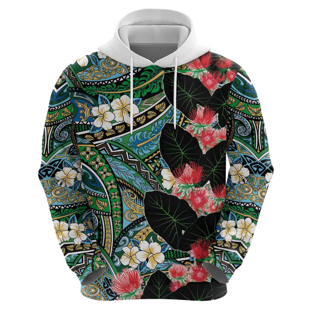 Hawaiian Taro Leaves and Ohia Lehua Zip Hoodie Polynesian Tribal Art Tropical Plants Motifs Colorful LT03 - Polynesian Pride