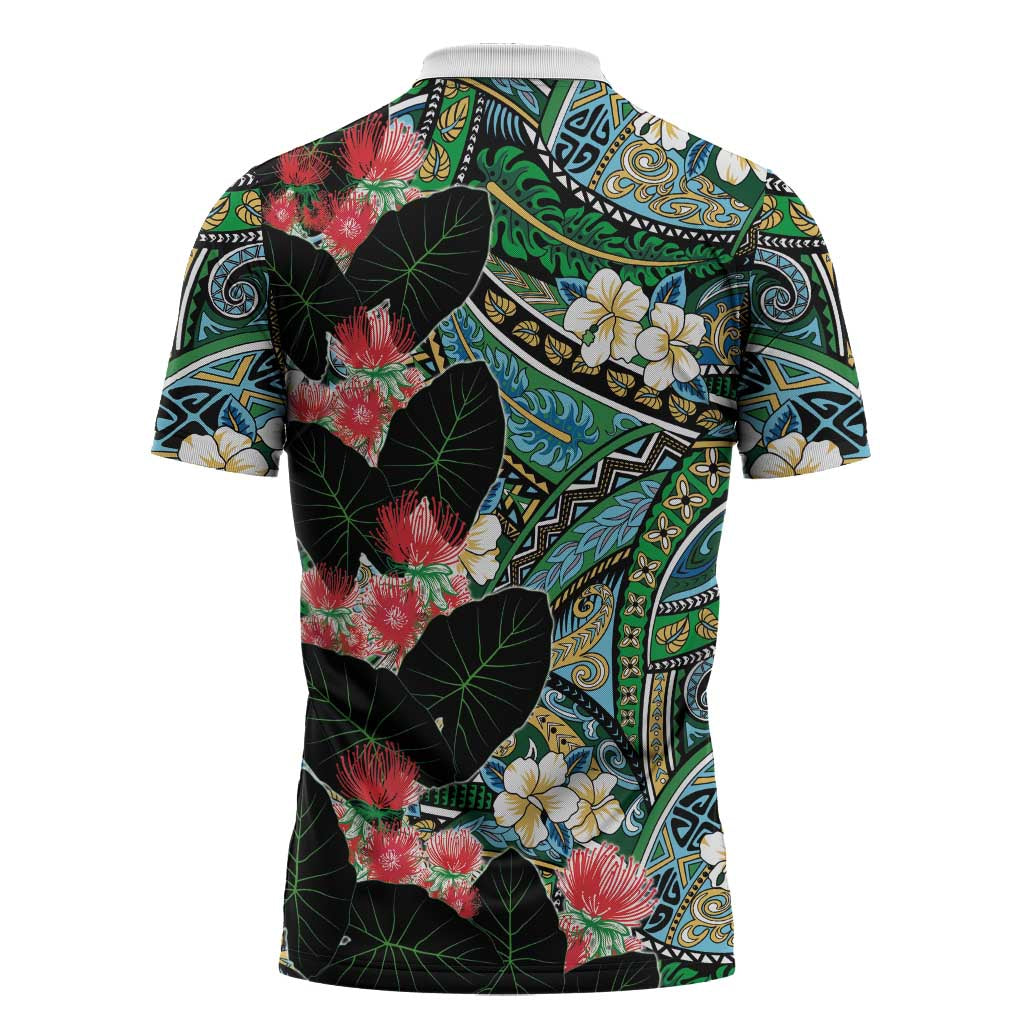 Hawaiian Taro Leaves and Ohia Lehua Zipper Polo Shirt Polynesian Tribal Art Tropical Plants Motifs Colorful LT03 - Polynesian Pride