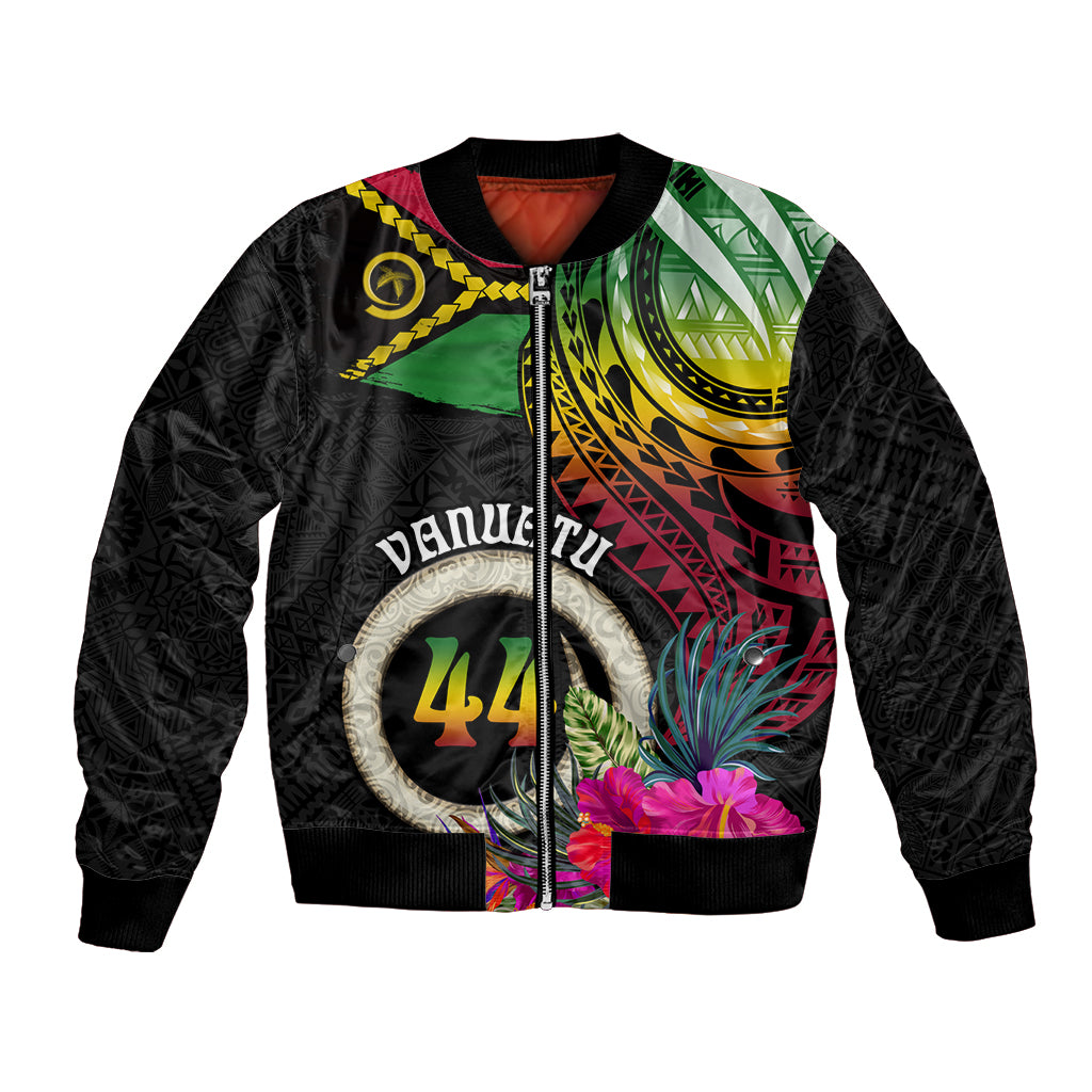 Personalised Vanuatu 44th Anniversary Bomber Jacket Boars Tusk Tugeta Yumi Selebretem Indipendens Dei LT03 Unisex Black - Polynesian Pride