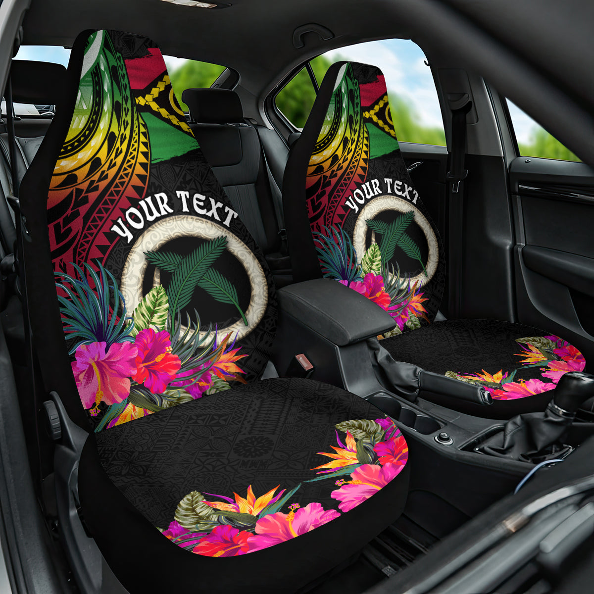Personalised Vanuatu 44th Anniversary Car Seat Cover Boars Tusk Tugeta Yumi Selebretem Indipendens Dei LT03 One Size Black - Polynesian Pride