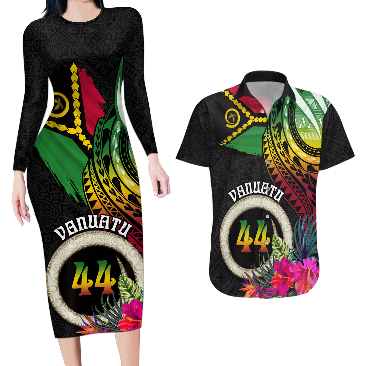 Personalised Vanuatu 44th Anniversary Couples Matching Long Sleeve Bodycon Dress and Hawaiian Shirt Boars Tusk Tugeta Yumi Selebretem Indipendens Dei LT03 Black - Polynesian Pride