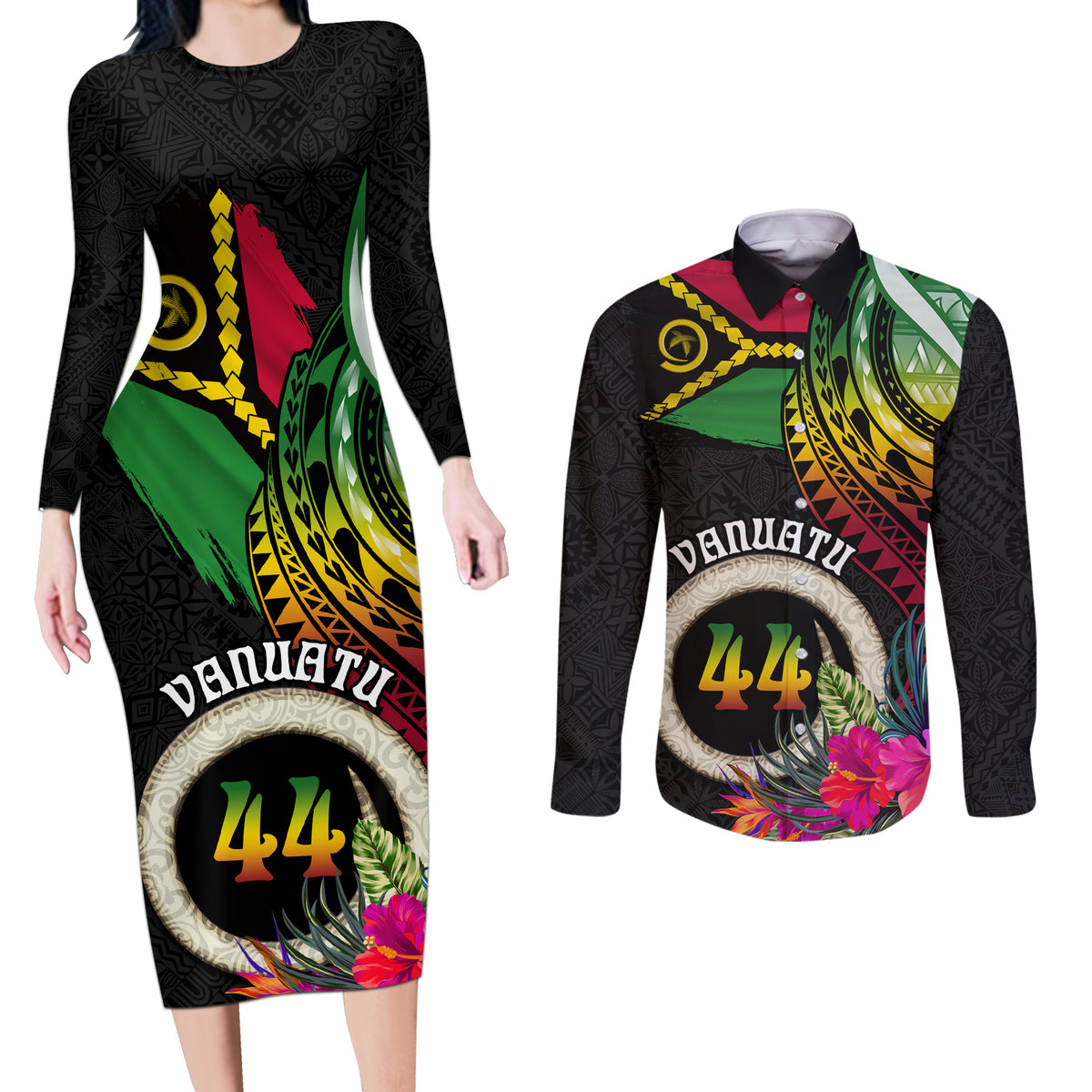 Personalised Vanuatu 44th Anniversary Couples Matching Long Sleeve Bodycon Dress and Long Sleeve Button Shirt Boars Tusk Tugeta Yumi Selebretem Indipendens Dei LT03 Black - Polynesian Pride