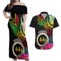 Personalised Vanuatu 44th Anniversary Couples Matching Off Shoulder Maxi Dress and Hawaiian Shirt Boars Tusk Tugeta Yumi Selebretem Indipendens Dei LT03 Black - Polynesian Pride
