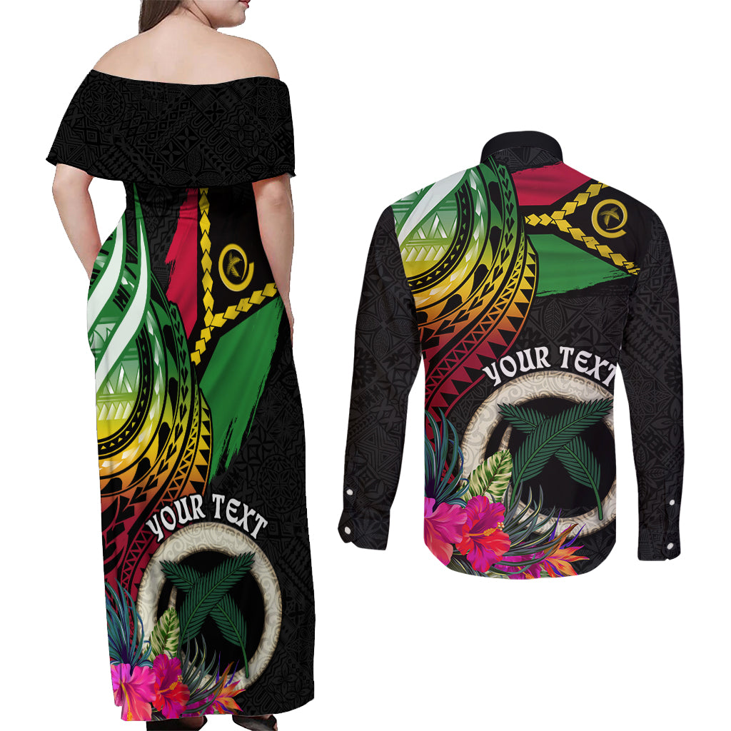 Personalised Vanuatu 44th Anniversary Couples Matching Off Shoulder Maxi Dress and Long Sleeve Button Shirt Boars Tusk Tugeta Yumi Selebretem Indipendens Dei LT03 - Polynesian Pride