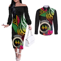 Personalised Vanuatu 44th Anniversary Couples Matching Off The Shoulder Long Sleeve Dress and Long Sleeve Button Shirt Boars Tusk Tugeta Yumi Selebretem Indipendens Dei LT03 Black - Polynesian Pride