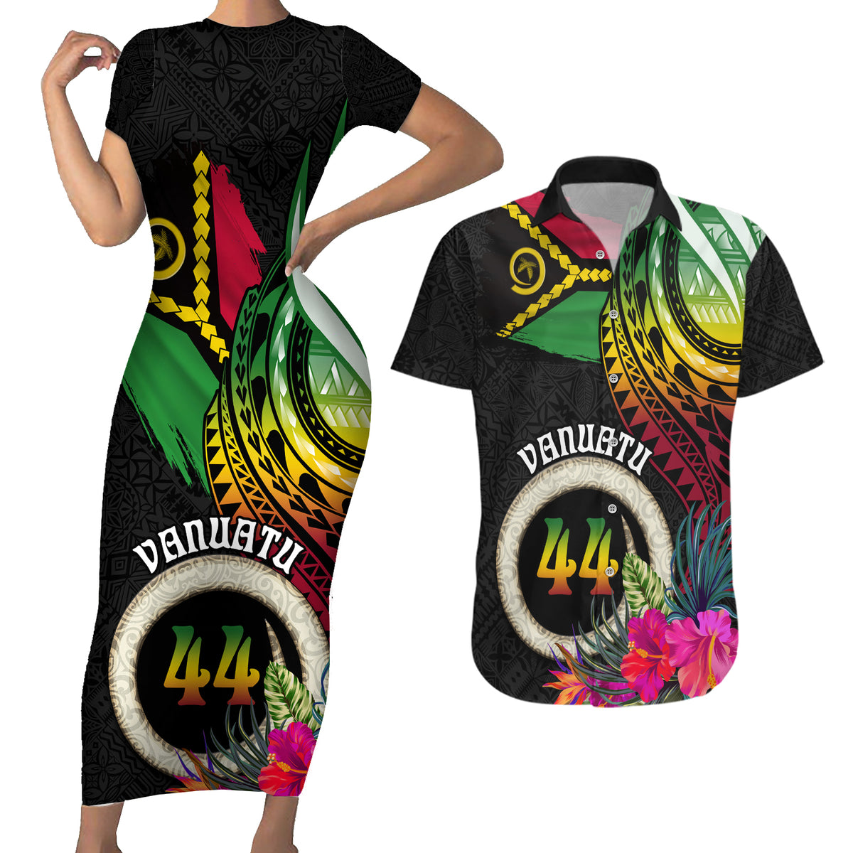 Personalised Vanuatu 44th Anniversary Couples Matching Short Sleeve Bodycon Dress and Hawaiian Shirt Boars Tusk Tugeta Yumi Selebretem Indipendens Dei LT03 Black - Polynesian Pride