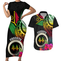 Personalised Vanuatu 44th Anniversary Couples Matching Short Sleeve Bodycon Dress and Hawaiian Shirt Boars Tusk Tugeta Yumi Selebretem Indipendens Dei LT03 Black - Polynesian Pride
