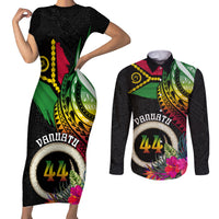 Personalised Vanuatu 44th Anniversary Couples Matching Short Sleeve Bodycon Dress and Long Sleeve Button Shirt Boars Tusk Tugeta Yumi Selebretem Indipendens Dei LT03 Black - Polynesian Pride