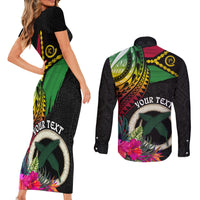Personalised Vanuatu 44th Anniversary Couples Matching Short Sleeve Bodycon Dress and Long Sleeve Button Shirt Boars Tusk Tugeta Yumi Selebretem Indipendens Dei LT03 - Polynesian Pride