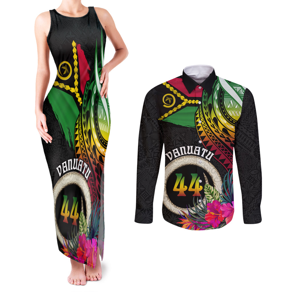Personalised Vanuatu 44th Anniversary Couples Matching Tank Maxi Dress and Long Sleeve Button Shirt Boars Tusk Tugeta Yumi Selebretem Indipendens Dei LT03 Black - Polynesian Pride