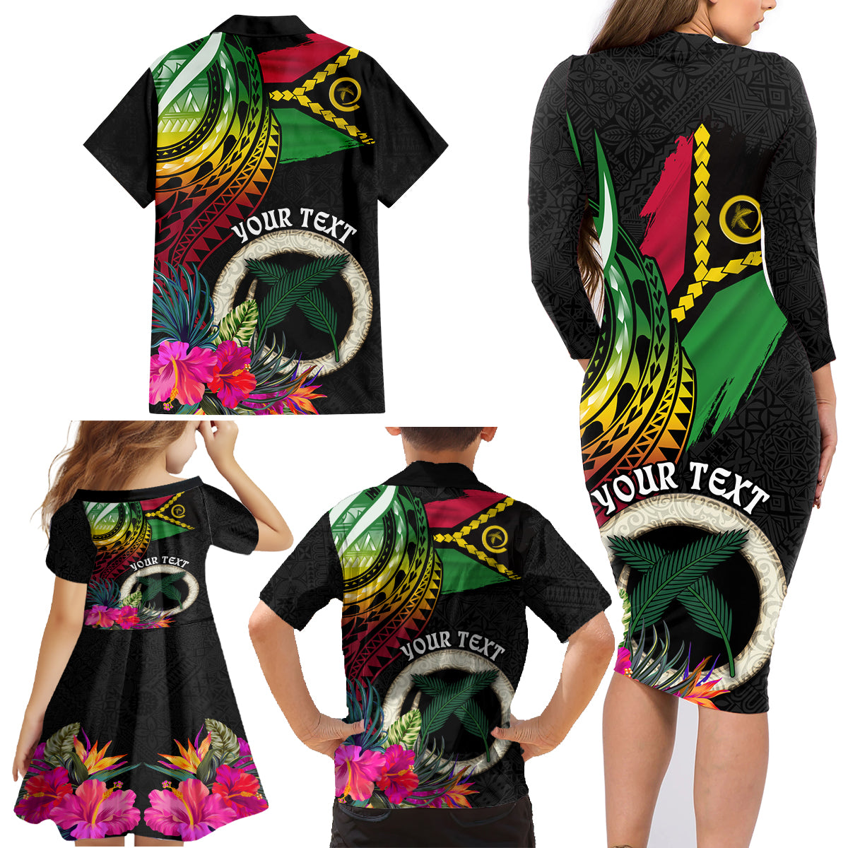 Personalised Vanuatu 44th Anniversary Family Matching Long Sleeve Bodycon Dress and Hawaiian Shirt Boars Tusk Tugeta Yumi Selebretem Indipendens Dei LT03 - Polynesian Pride
