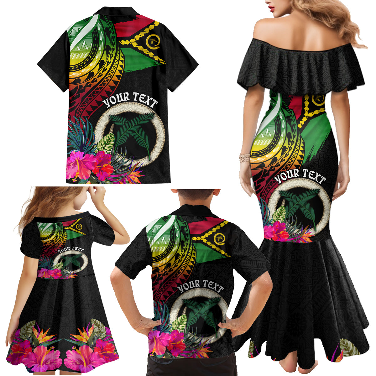 Personalised Vanuatu 44th Anniversary Family Matching Mermaid Dress and Hawaiian Shirt Boars Tusk Tugeta Yumi Selebretem Indipendens Dei LT03 - Polynesian Pride