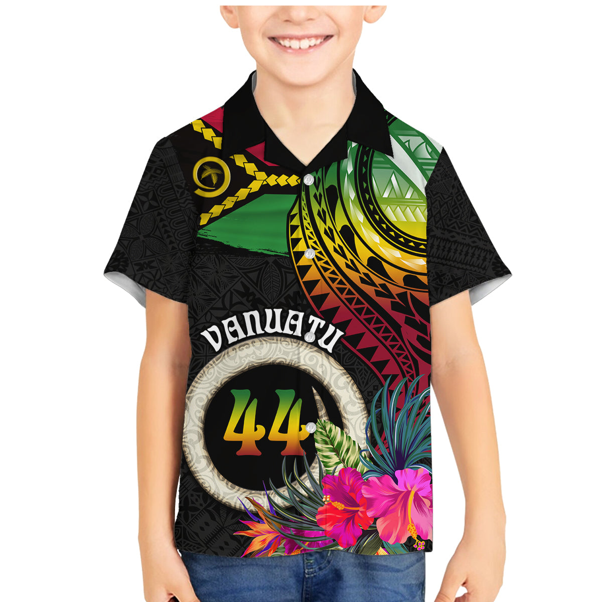 Personalised Vanuatu 44th Anniversary Family Matching Mermaid Dress and Hawaiian Shirt Boars Tusk Tugeta Yumi Selebretem Indipendens Dei LT03 Son's Shirt Black - Polynesian Pride