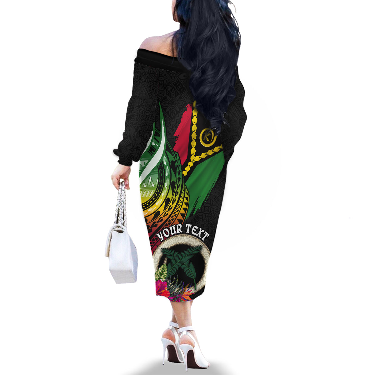 Personalised Vanuatu 44th Anniversary Family Matching Off The Shoulder Long Sleeve Dress and Hawaiian Shirt Boars Tusk Tugeta Yumi Selebretem Indipendens Dei LT03 - Polynesian Pride