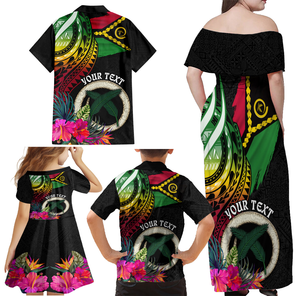 Personalised Vanuatu 44th Anniversary Family Matching Off Shoulder Maxi Dress and Hawaiian Shirt Boars Tusk Tugeta Yumi Selebretem Indipendens Dei LT03 - Polynesian Pride