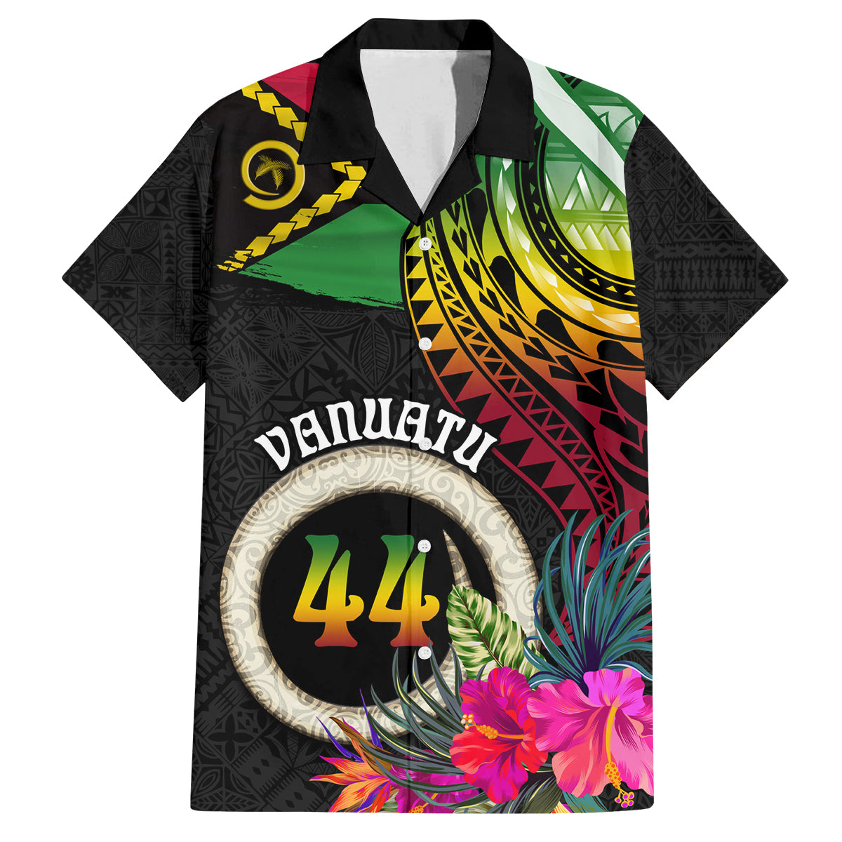 Personalised Vanuatu 44th Anniversary Family Matching Off Shoulder Maxi Dress and Hawaiian Shirt Boars Tusk Tugeta Yumi Selebretem Indipendens Dei LT03 Dad's Shirt - Short Sleeve Black - Polynesian Pride