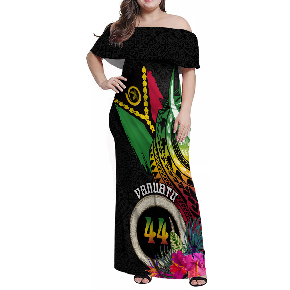 Personalised Vanuatu 44th Anniversary Family Matching Off Shoulder Maxi Dress and Hawaiian Shirt Boars Tusk Tugeta Yumi Selebretem Indipendens Dei LT03 Mom's Dress Black - Polynesian Pride
