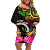 Personalised Vanuatu 44th Anniversary Family Matching Off Shoulder Short Dress and Hawaiian Shirt Boars Tusk Tugeta Yumi Selebretem Indipendens Dei LT03 Mom's Dress Black - Polynesian Pride