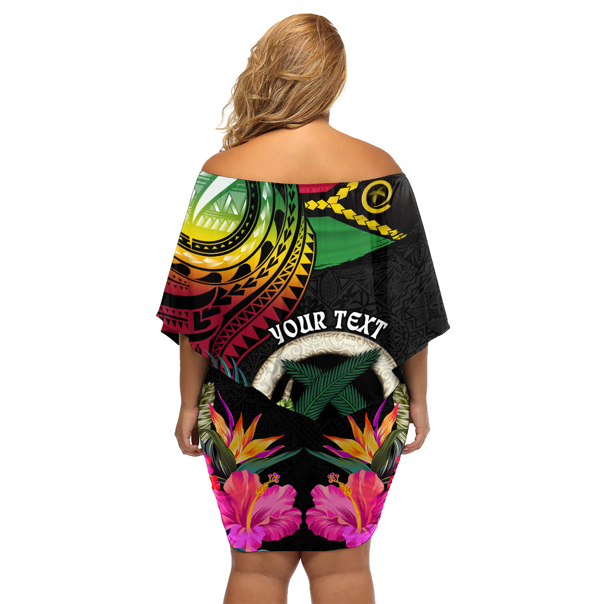 Personalised Vanuatu 44th Anniversary Family Matching Off Shoulder Short Dress and Hawaiian Shirt Boars Tusk Tugeta Yumi Selebretem Indipendens Dei LT03 - Polynesian Pride