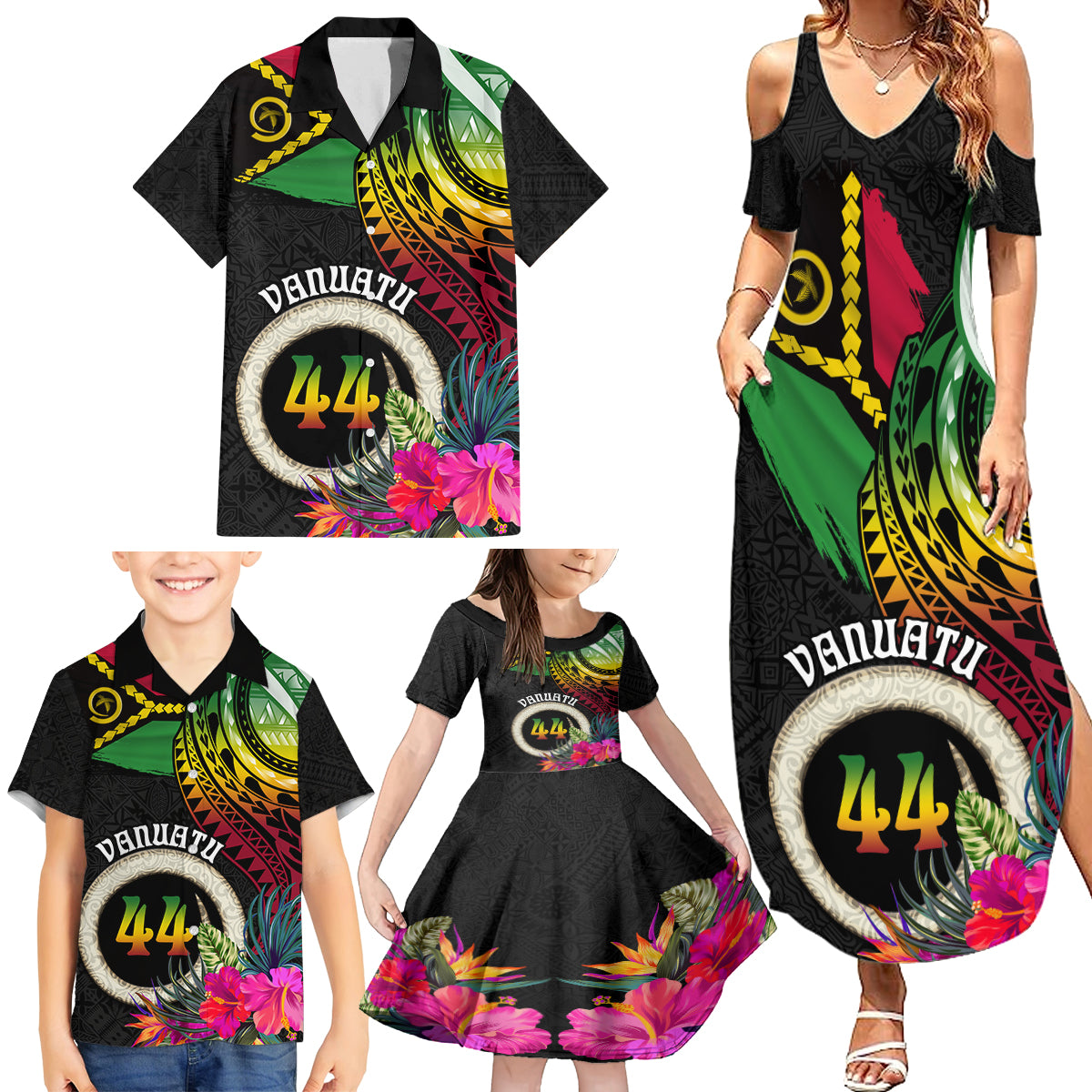 Personalised Vanuatu 44th Anniversary Family Matching Summer Maxi Dress and Hawaiian Shirt Boars Tusk Tugeta Yumi Selebretem Indipendens Dei LT03 - Polynesian Pride