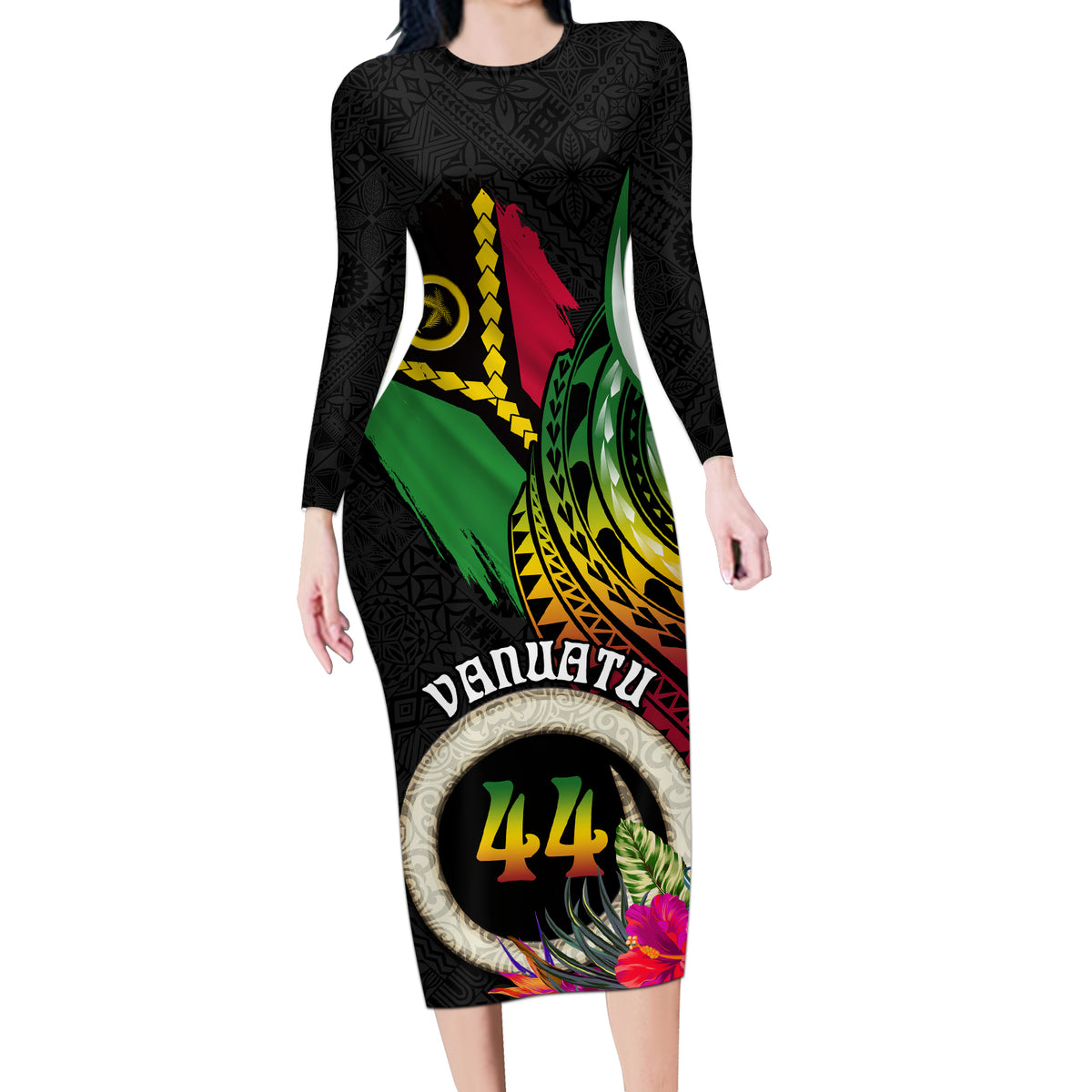 Personalised Vanuatu 44th Anniversary Long Sleeve Bodycon Dress Boars Tusk Tugeta Yumi Selebretem Indipendens Dei LT03 Long Dress Black - Polynesian Pride