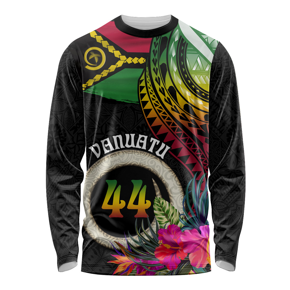 Personalised Vanuatu 44th Anniversary Long Sleeve Shirt Boars Tusk Tugeta Yumi Selebretem Indipendens Dei LT03 Unisex Black - Polynesian Pride