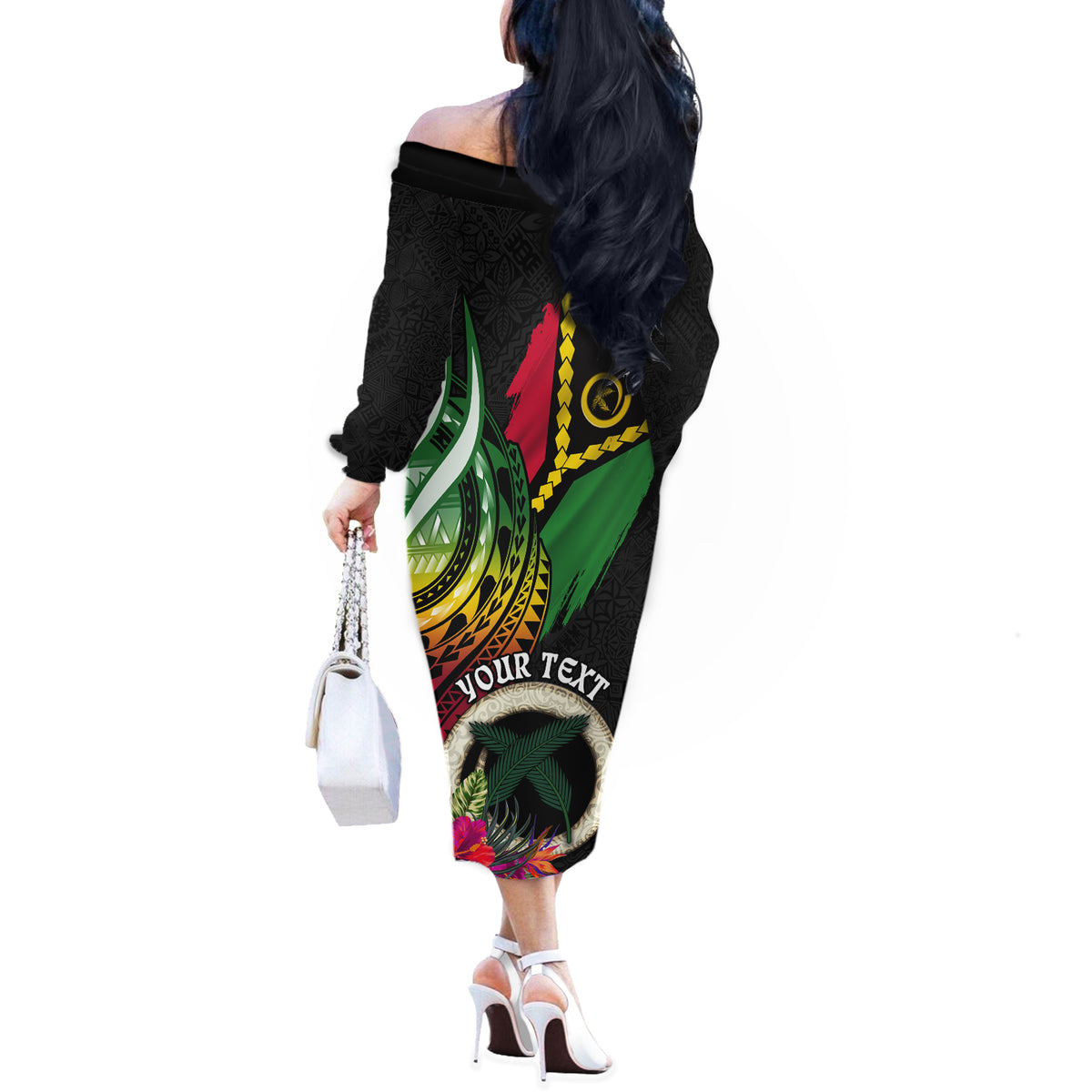 Personalised Vanuatu 44th Anniversary Off The Shoulder Long Sleeve Dress Boars Tusk Tugeta Yumi Selebretem Indipendens Dei LT03 - Polynesian Pride