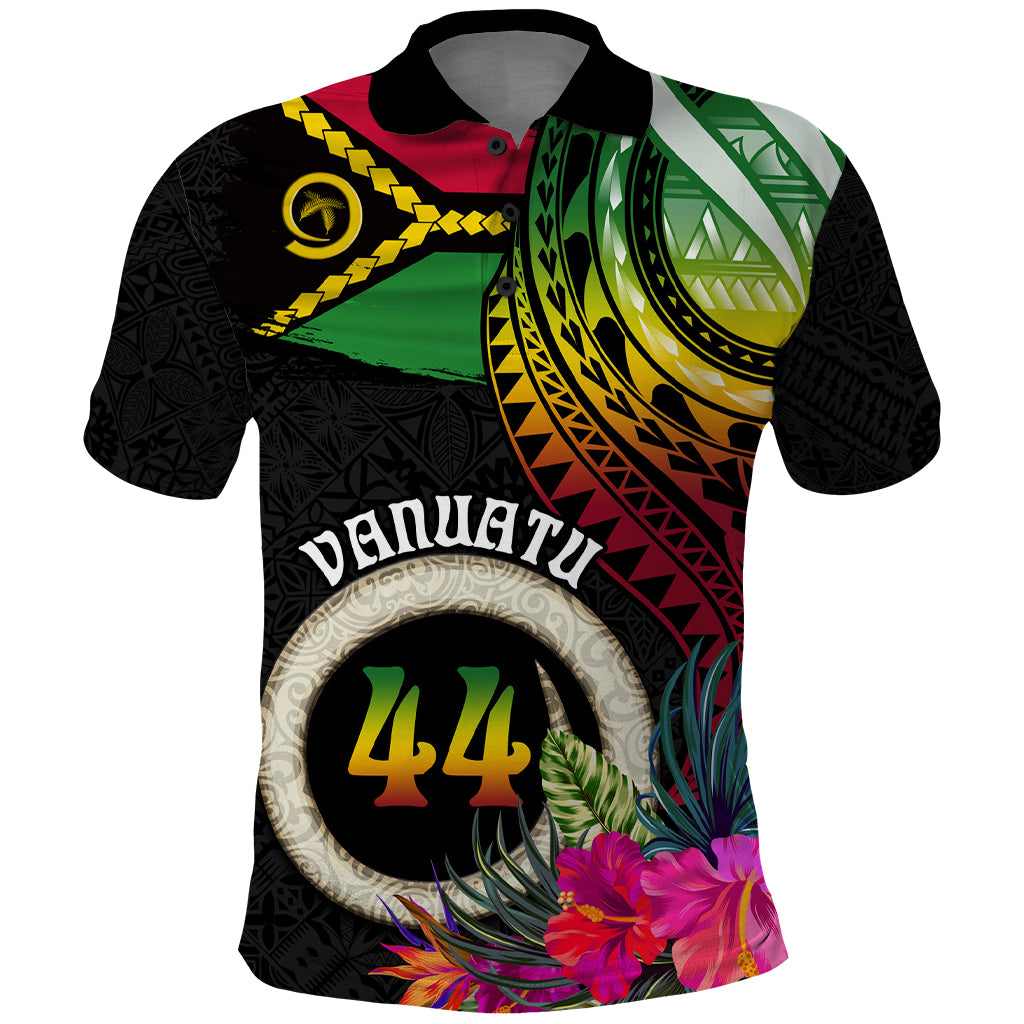 Personalised Vanuatu 44th Anniversary Polo Shirt Boars Tusk Tugeta Yumi Selebretem Indipendens Dei LT03 Black - Polynesian Pride