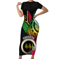 Personalised Vanuatu 44th Anniversary Short Sleeve Bodycon Dress Boars Tusk Tugeta Yumi Selebretem Indipendens Dei LT03 Long Dress Black - Polynesian Pride