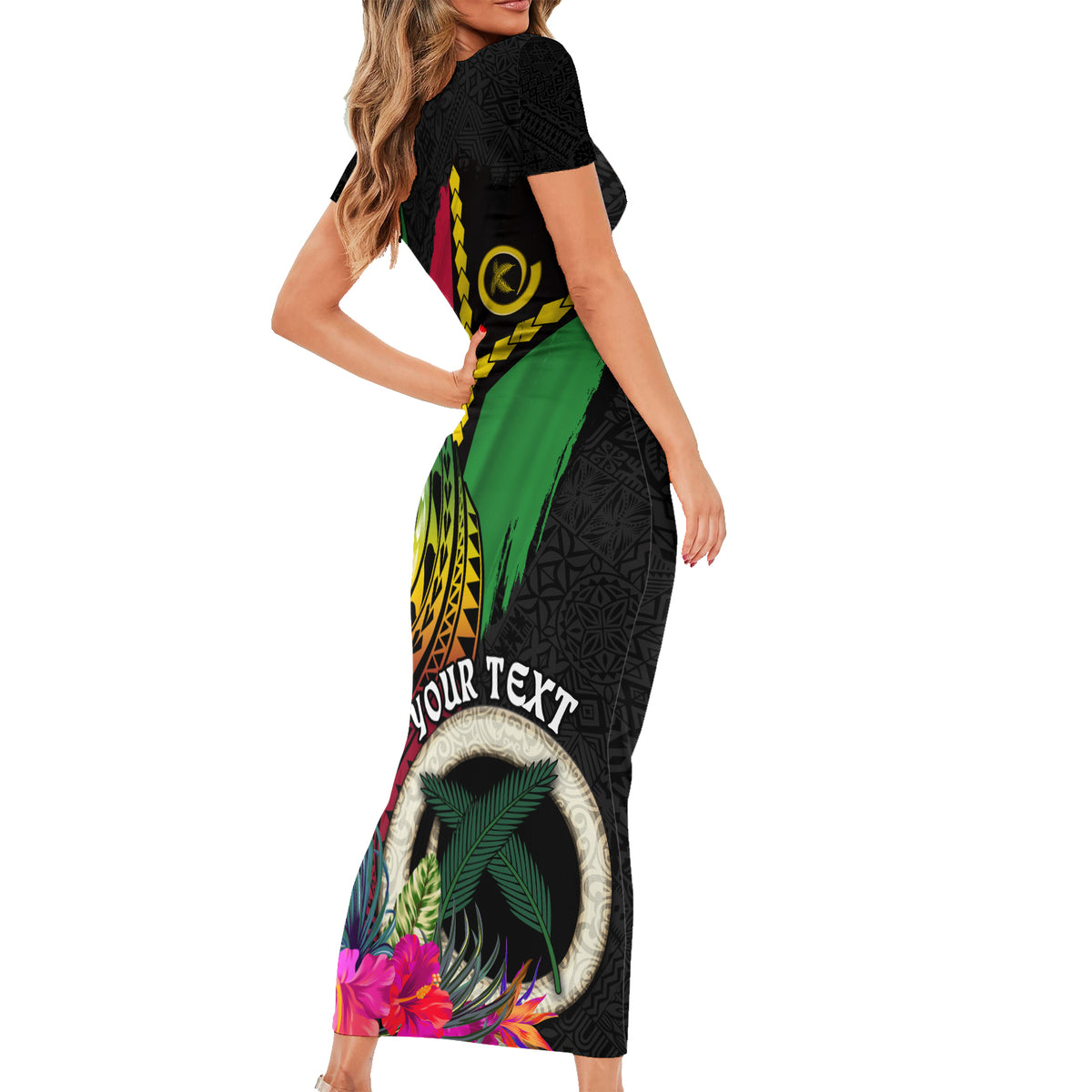 Personalised Vanuatu 44th Anniversary Short Sleeve Bodycon Dress Boars Tusk Tugeta Yumi Selebretem Indipendens Dei LT03 - Polynesian Pride