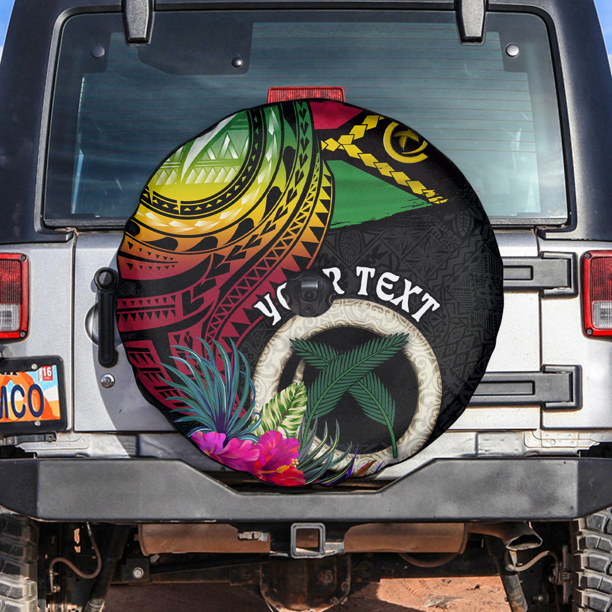 Personalised Vanuatu 44th Anniversary Spare Tire Cover Boars Tusk Tugeta Yumi Selebretem Indipendens Dei LT03 Black - Polynesian Pride