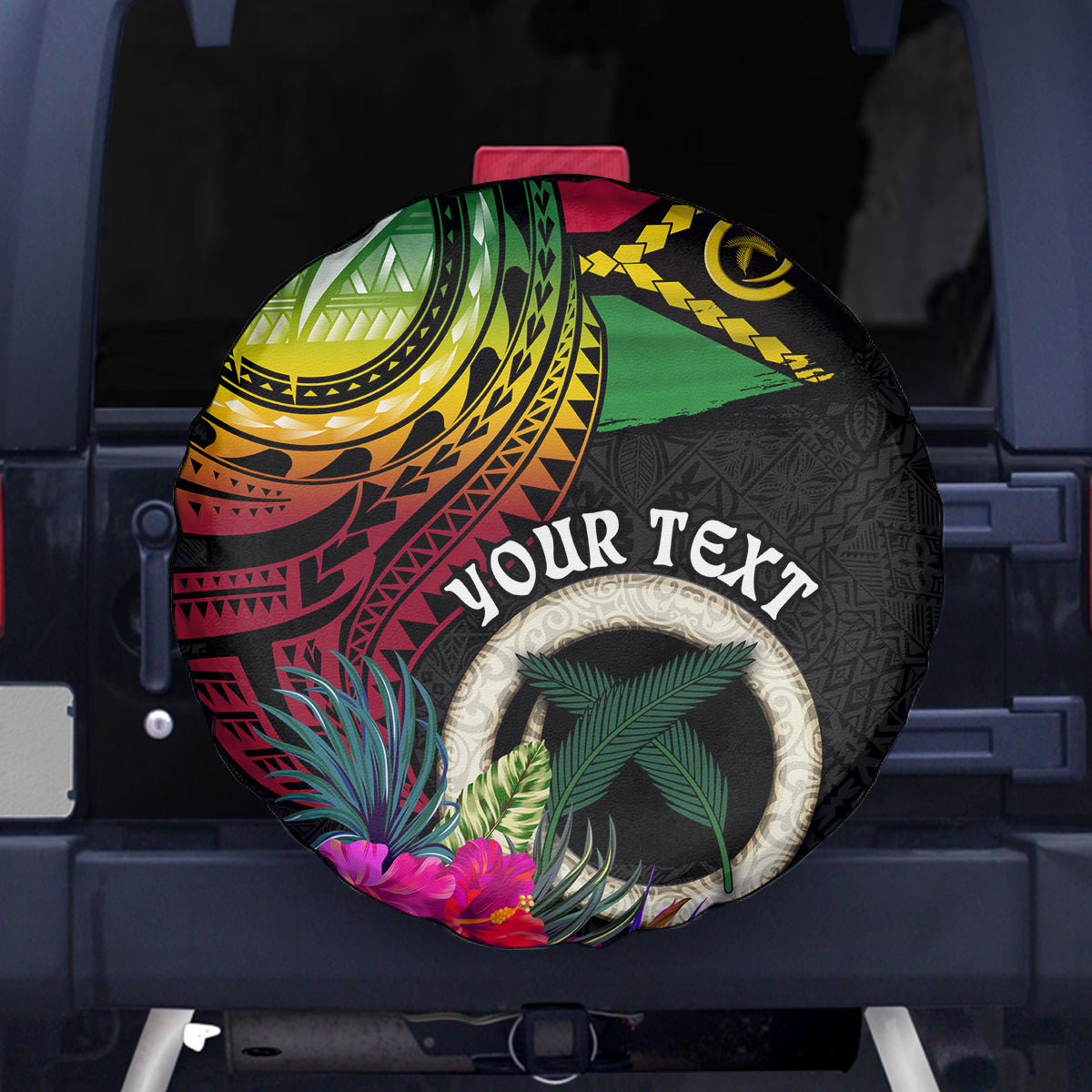 Personalised Vanuatu 44th Anniversary Spare Tire Cover Boars Tusk Tugeta Yumi Selebretem Indipendens Dei LT03 - Polynesian Pride