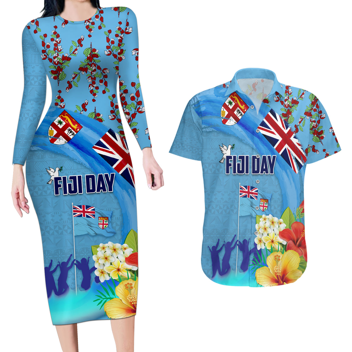Fiji Day Couples Matching Long Sleeve Bodycon Dress and Hawaiian Shirt Tagimoucia Flower and Melanesia Pattern LT03 Blue - Polynesian Pride