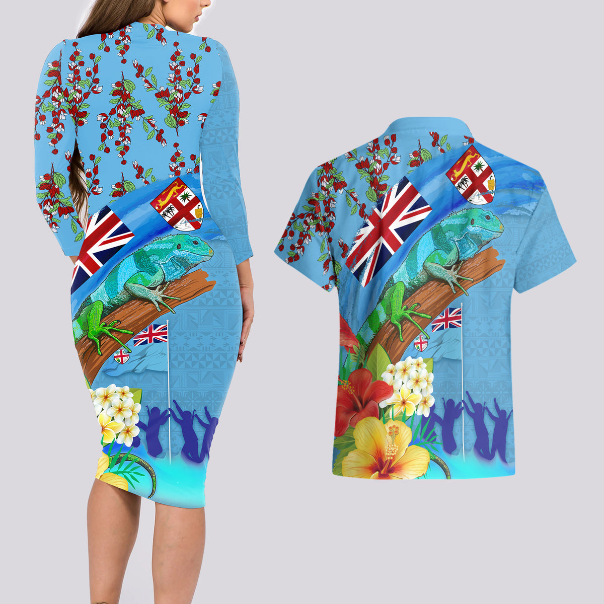 Fiji Day Couples Matching Long Sleeve Bodycon Dress and Hawaiian Shirt Tagimoucia Flower and Melanesia Pattern LT03 - Polynesian Pride