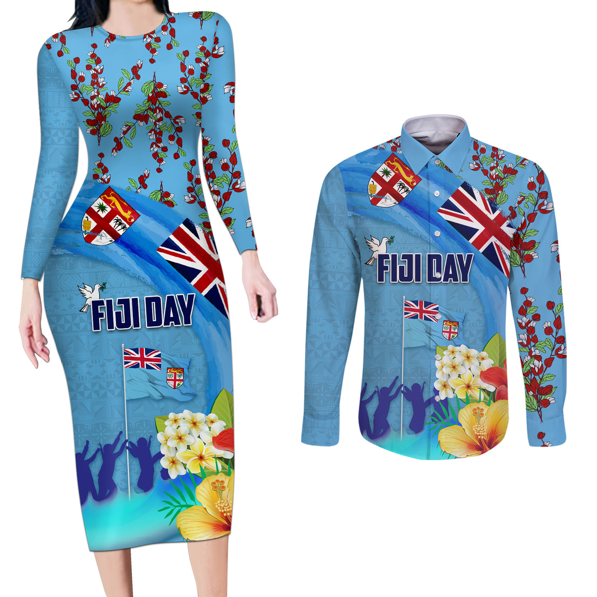 Fiji Day Couples Matching Long Sleeve Bodycon Dress and Long Sleeve Button Shirt Tagimoucia Flower and Melanesia Pattern LT03 Blue - Polynesian Pride