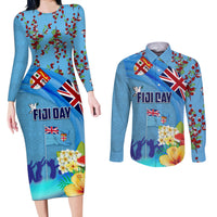 Fiji Day Couples Matching Long Sleeve Bodycon Dress and Long Sleeve Button Shirt Tagimoucia Flower and Melanesia Pattern LT03 Blue - Polynesian Pride