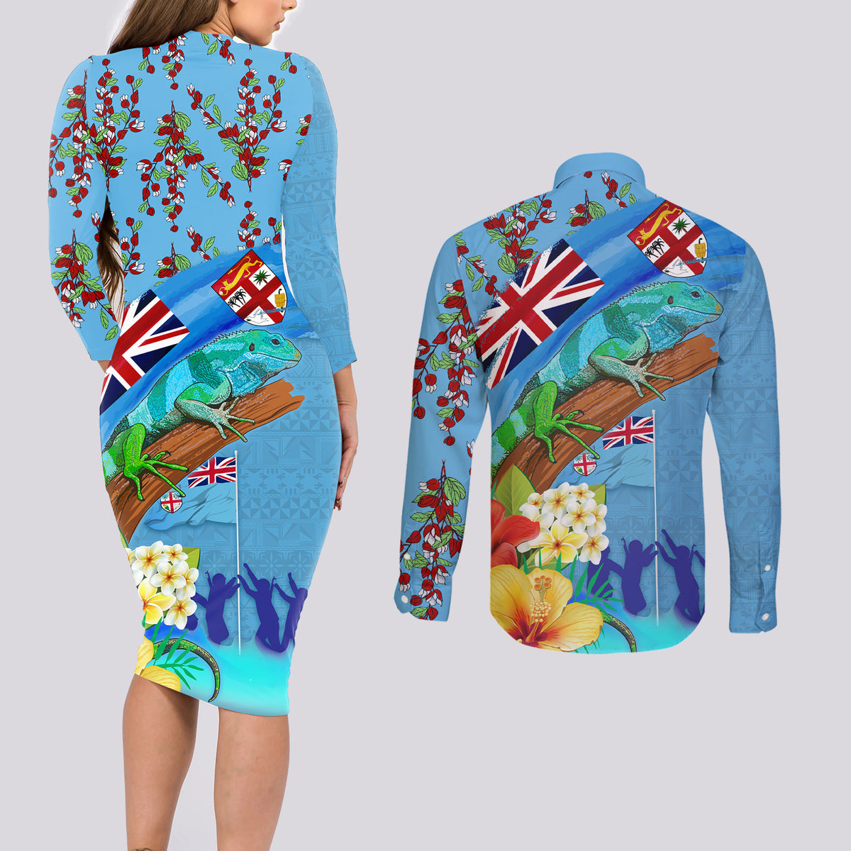 Fiji Day Couples Matching Long Sleeve Bodycon Dress and Long Sleeve Button Shirt Tagimoucia Flower and Melanesia Pattern LT03 - Polynesian Pride