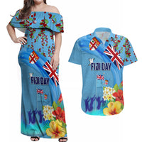 Fiji Day Couples Matching Off Shoulder Maxi Dress and Hawaiian Shirt Tagimoucia Flower and Melanesia Pattern LT03 Blue - Polynesian Pride