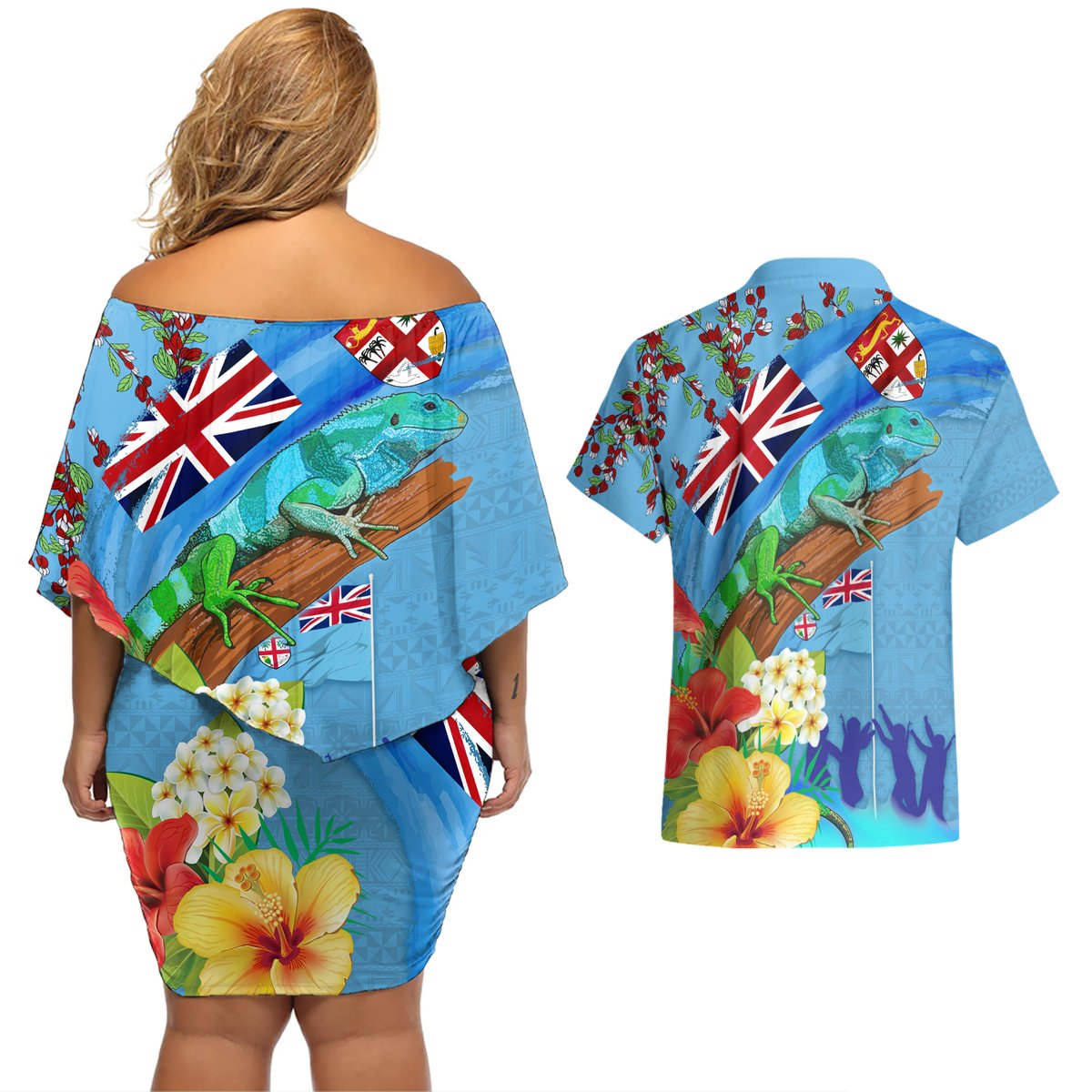 Fiji Day Couples Matching Off Shoulder Short Dress and Hawaiian Shirt Tagimoucia Flower and Melanesia Pattern LT03 - Polynesian Pride