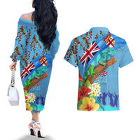 Fiji Day Couples Matching Off The Shoulder Long Sleeve Dress and Hawaiian Shirt Tagimoucia Flower and Melanesia Pattern LT03 - Polynesian Pride