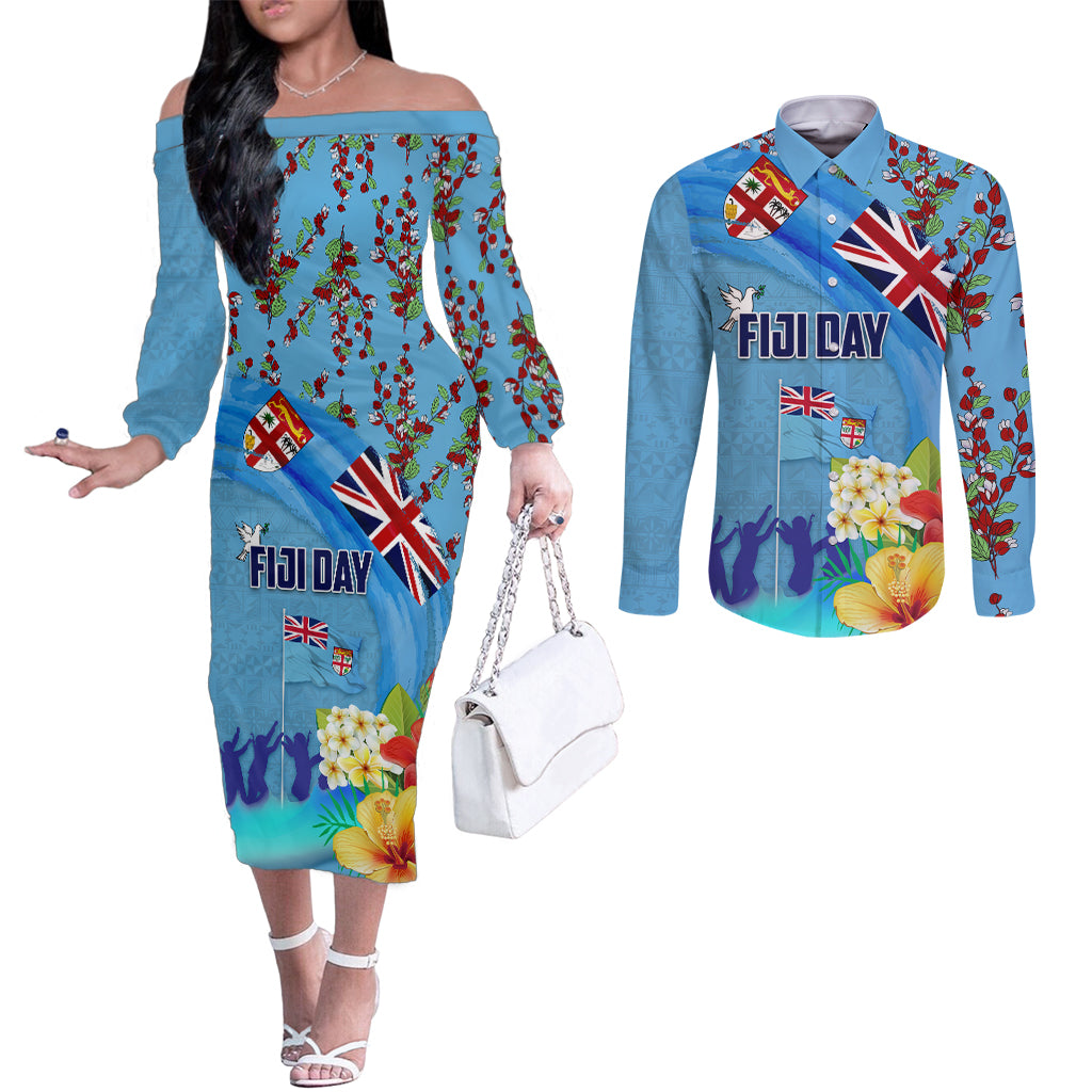 Fiji Day Couples Matching Off The Shoulder Long Sleeve Dress and Long Sleeve Button Shirt Tagimoucia Flower and Melanesia Pattern LT03 Blue - Polynesian Pride