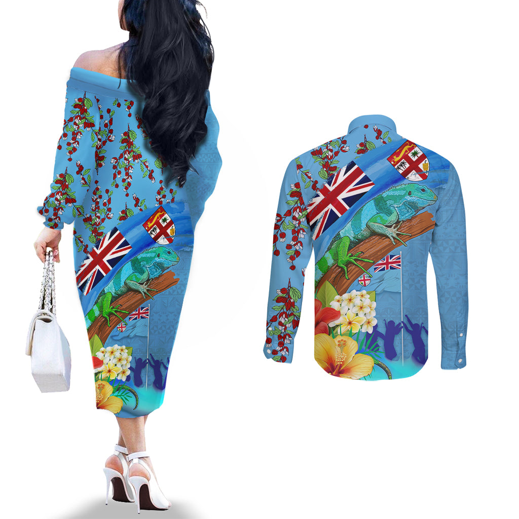 Fiji Day Couples Matching Off The Shoulder Long Sleeve Dress and Long Sleeve Button Shirt Tagimoucia Flower and Melanesia Pattern LT03 - Polynesian Pride