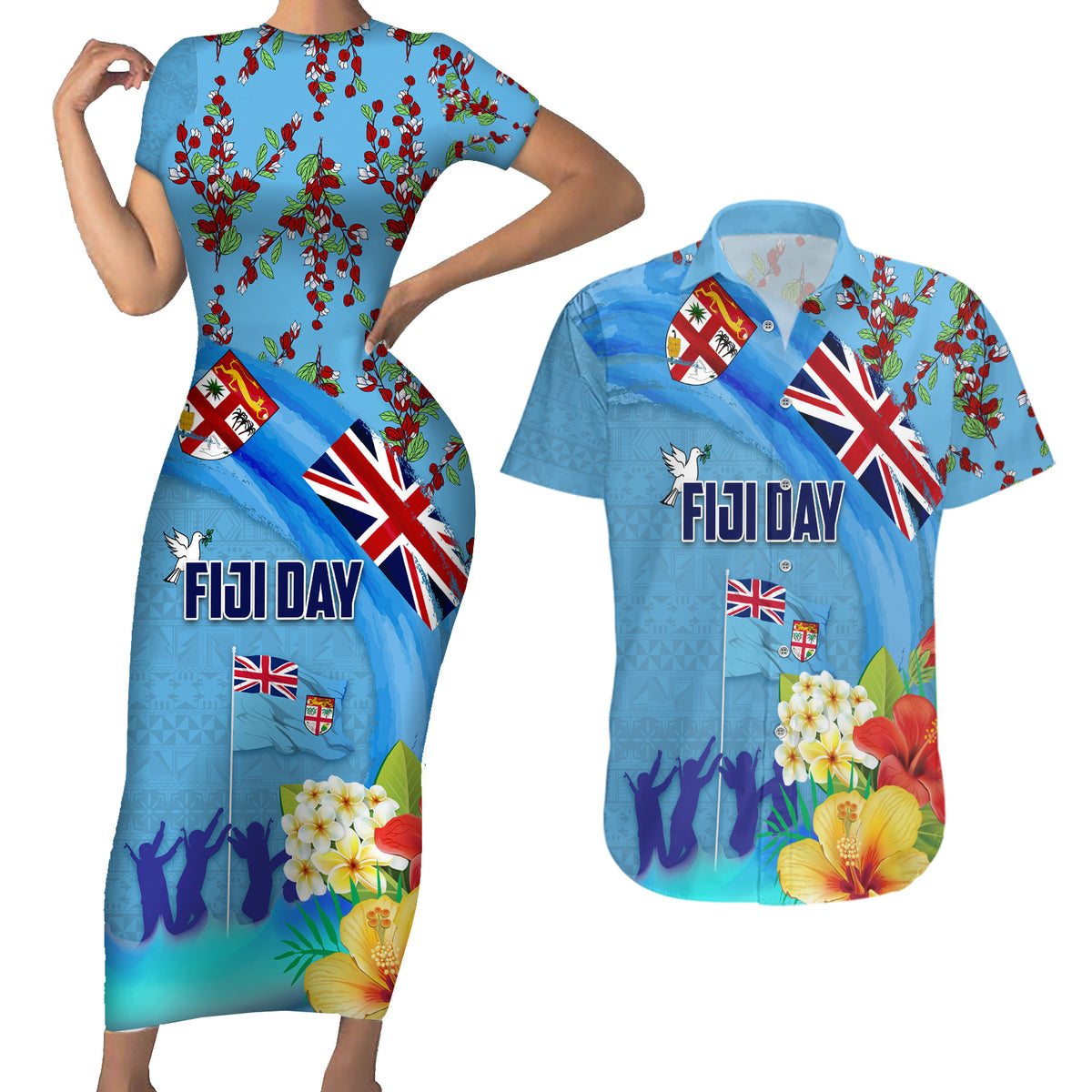 Fiji Day Couples Matching Short Sleeve Bodycon Dress and Hawaiian Shirt Tagimoucia Flower and Melanesia Pattern LT03 Blue - Polynesian Pride