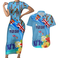 Fiji Day Couples Matching Short Sleeve Bodycon Dress and Hawaiian Shirt Tagimoucia Flower and Melanesia Pattern LT03 Blue - Polynesian Pride