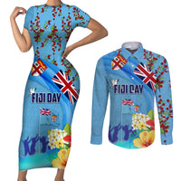 Fiji Day Couples Matching Short Sleeve Bodycon Dress and Long Sleeve Button Shirt Tagimoucia Flower and Melanesia Pattern LT03 Blue - Polynesian Pride